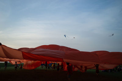 Group of birds flying over land against sky