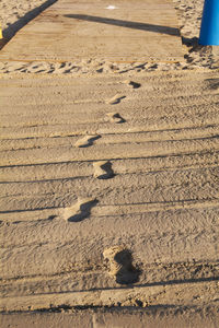 High angle view of footprints on sand