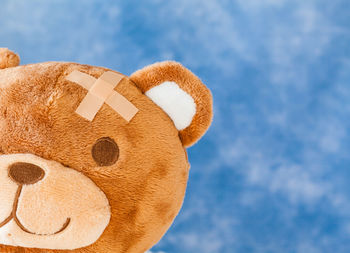 Close-up of bandage on teddy bear against sky