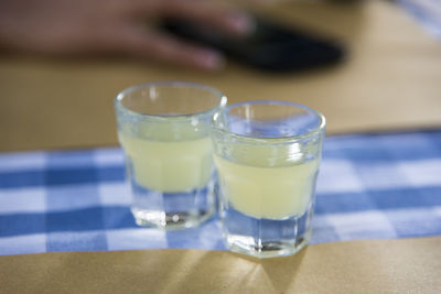 Close-up of beer glass on table