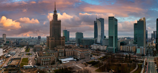 Aerial view of palace of culture and science and downtown business skyscrapers in warsaw