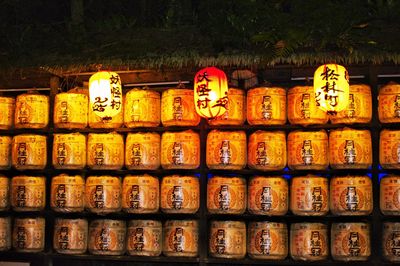 Illuminated lanterns hanging in row