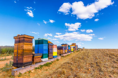 Scenic view of colored bee hives near lavender field in provence south of france 
