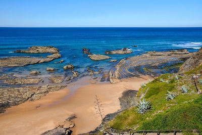 Scenic view of beach against clear sky