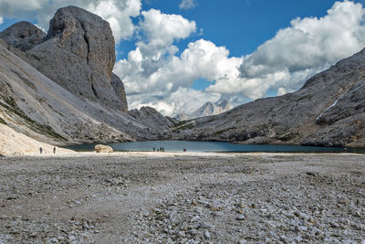 Antermoia alpine lake in catinaccio dolomite alps, trentino, italy