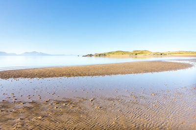 Scenic view of beach against clear blue sky