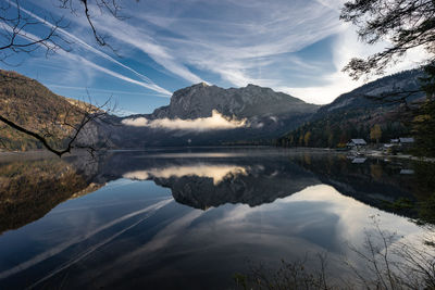 Scenic view of lake and mountains against sky