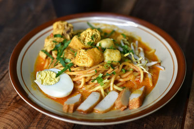 High angle view of food in plate on table