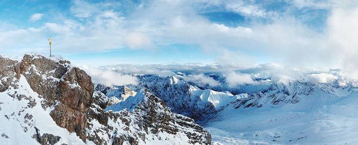 Panoramic view of snowcapped mountains against sky