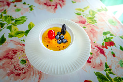 High angle view of fruits served on table