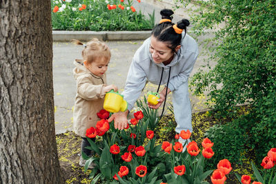 Spring gardening. senior woman grandmother and little toddler girl granddaughter watering tulips
