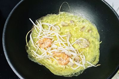 High angle view of meat in cooking pan