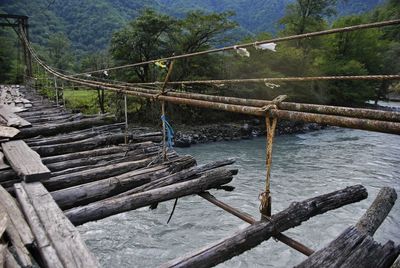 Wooden railing by river in forest