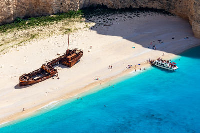 High angle view of boats on beach