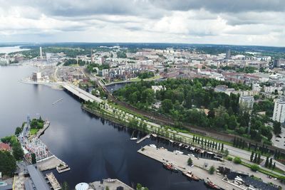 High angle view of lake amidst cityscape against sky