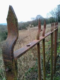 Close-up of wooden fence on field against sky