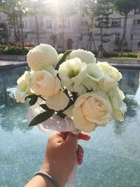 Close-up of hand holding rose bouquet