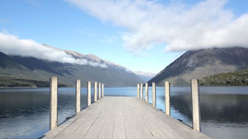 Scenic view of lake and mountains against sky