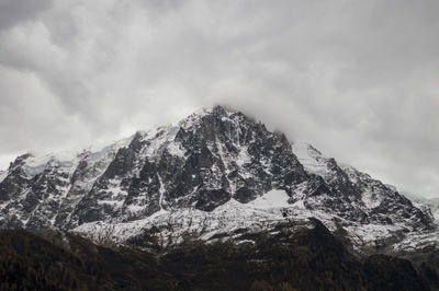 Low angle view of snowcapped mountain against cloudy sky