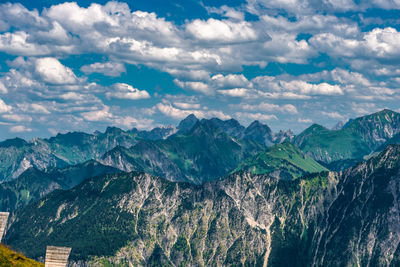 Aerial view of mountain range against cloudy sky