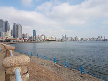 Scenic view of river by cityscape against sky