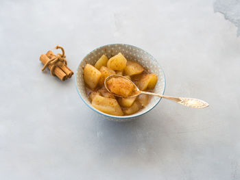 High angle view of fruits in bowl on table