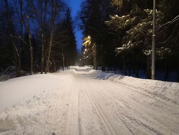 Snow covered road amidst trees at night