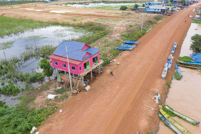 High angle view of road amidst trees