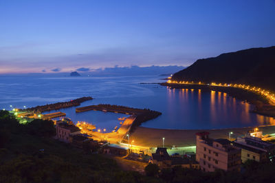 View of city at waterfront during sunset