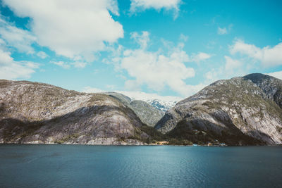 Scenic view of lake by mountains against sky