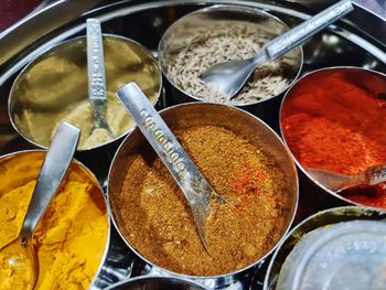 High angle view of spices in container