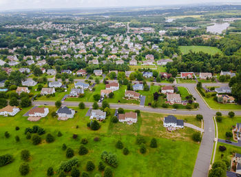 High angle view of buildings in city