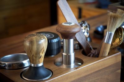 Close-up of chess pieces on table