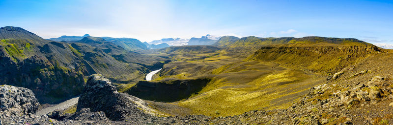 Dramatic icelandic landscapeon the laugavegur trail in panorama. markarfljot canyon.