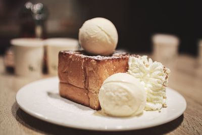 Close-up of dessert in plate on table