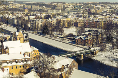 High angle view of buildings in city