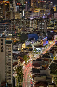 High angle view of illuminated buildings at night