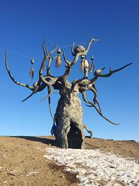 Low angle view of dead tree against clear blue sky