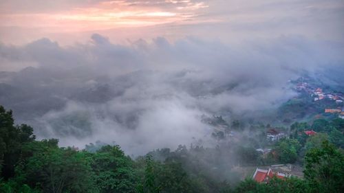 High angle view of mountains against sky during sunset