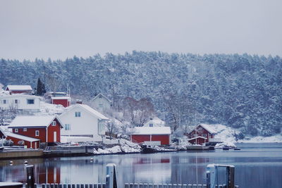 Houses against clear sky during winter