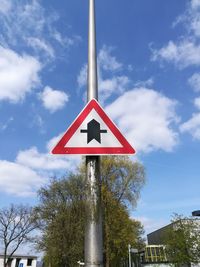 Low angle view of road sign against sky