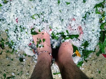 Low section of man standing by ice and leaves