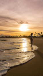 Rear view of man walking at beach against sky during sunset