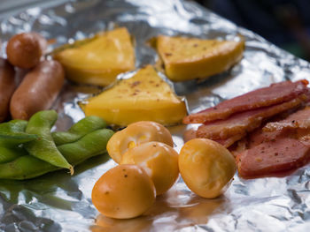 Close-up of breakfast served on table