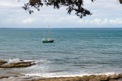 Sailboat sailing on sea against sky