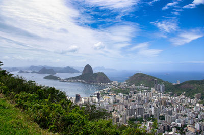 Scenic view of sea by cityscape against sky