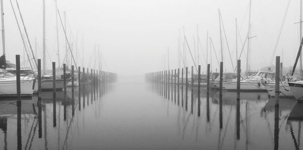 Boats moored at harbor against sky