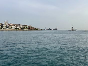 View of buildings by sea against sky