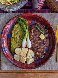 High angle view of food in plate on table