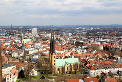 High angle shot of townscape against sky